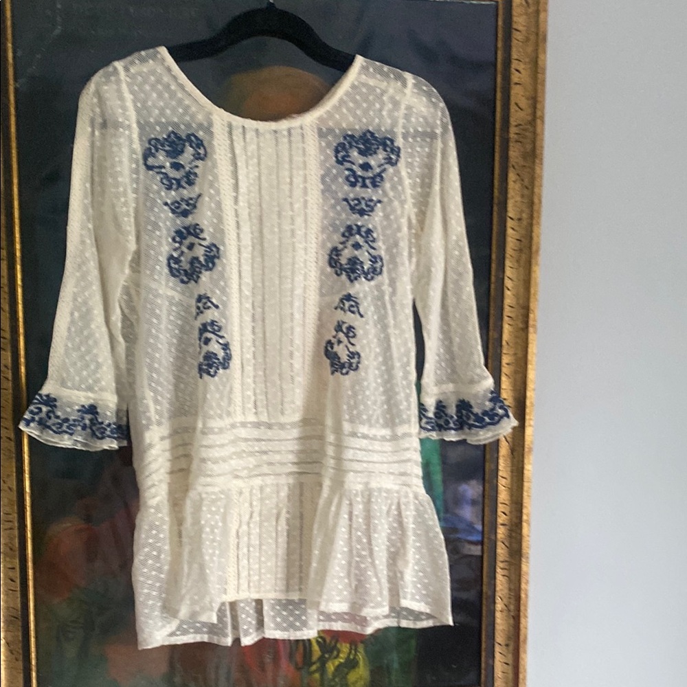 Free People Cream and Blue Embellished 3/4 Sleeve Blouse NWOT